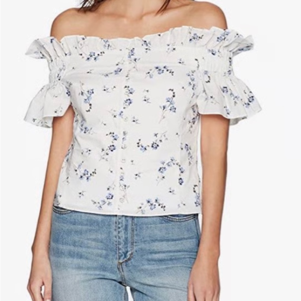 Rebecca Taylor White and Blue Floral Ruffle Blouse